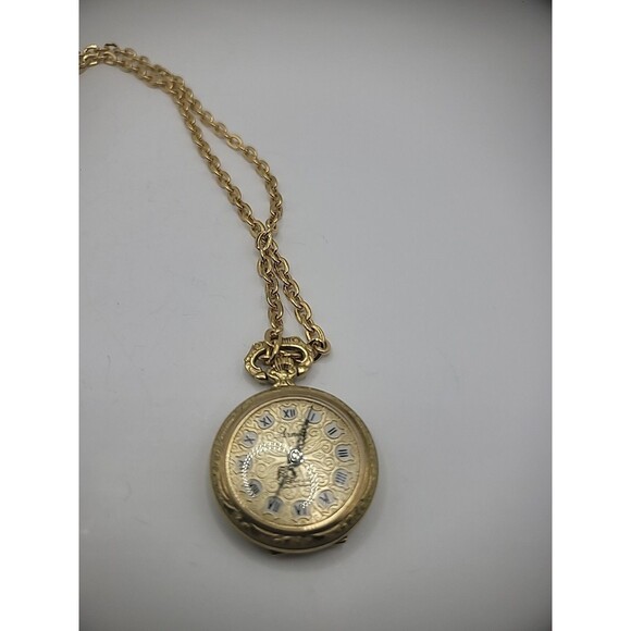 Vintage Arnex Watch Necklace Gold Tone Chain Incabloc Roman Numerals Hand Wound - Picture 4 of 11